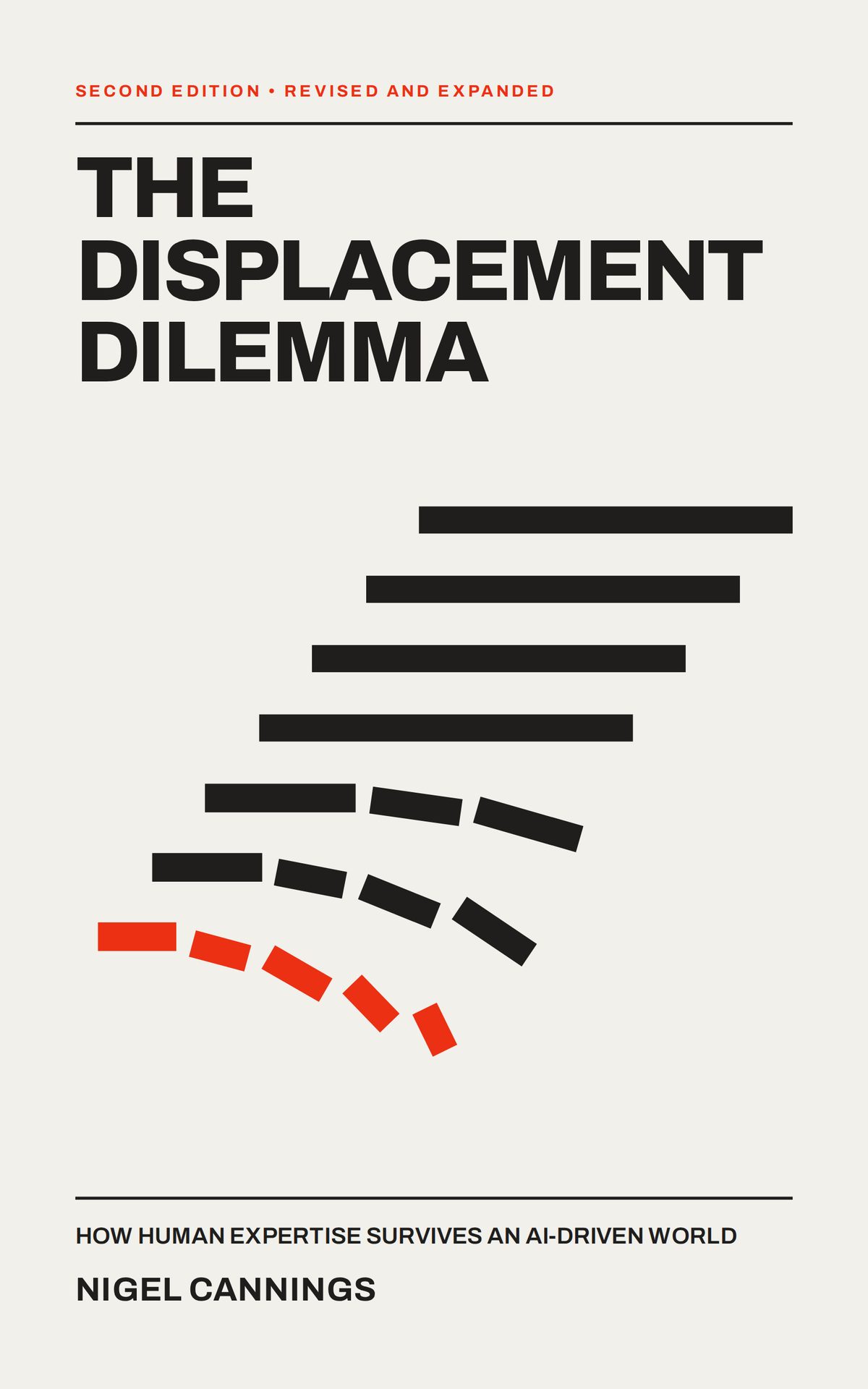 Cover of The Displacement Dilemma: a ladder drawn in heavy black bars whose lower rungs break away and fall, the last of them in red.